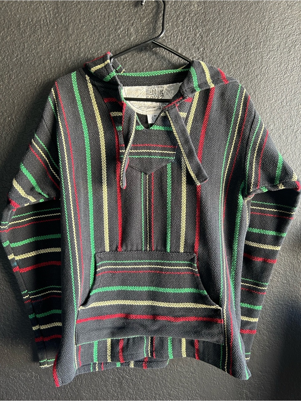 Striped Crewneck Baja Sweater in Black with Green & Red Stripes
